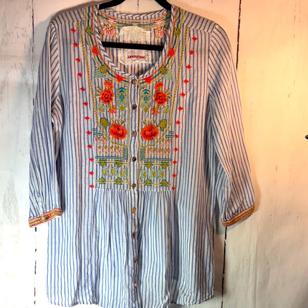Johnny Was (S) Multicolor Embroidered Striped Button Down Tunic